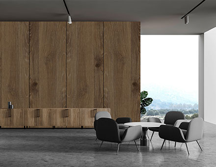 Office waiting area with wood textured wall panels